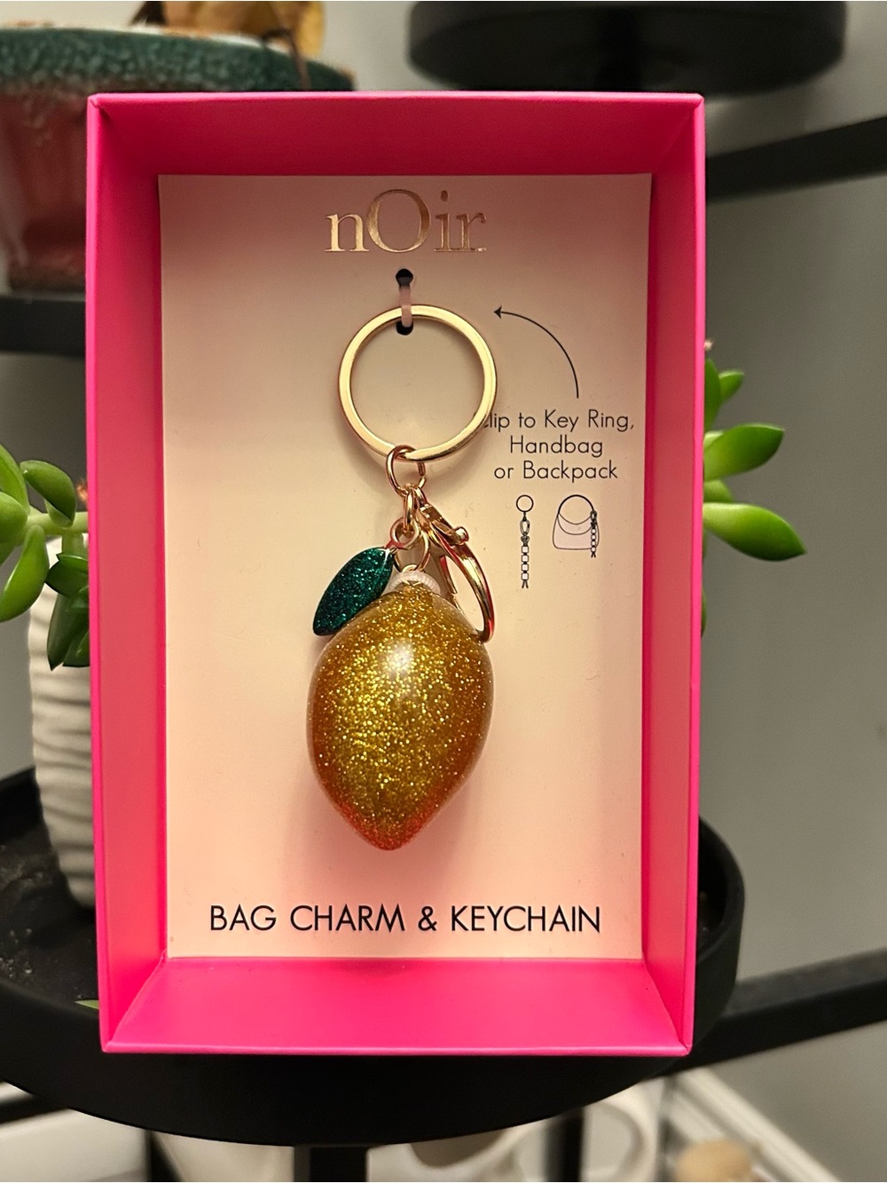 nOir Jewelry Cottagecore Gold Glitter Lemon Keychain with Green Leaf Accent NEW